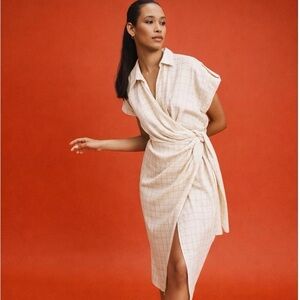 ZARA Textured Wrap Midi Dress XL Cream Grid Print Coastal Minimalist Cotton